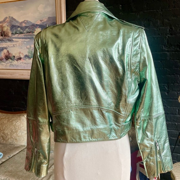Veda Metallic Mint Green Cropped Leather Biker Jacket | New Without Tags - Picture 8 of 9